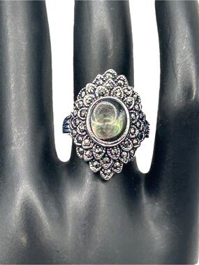 Vintage R.S. Covenant Art Deco Style Ring -Black Mother of Pearl & Marcasite